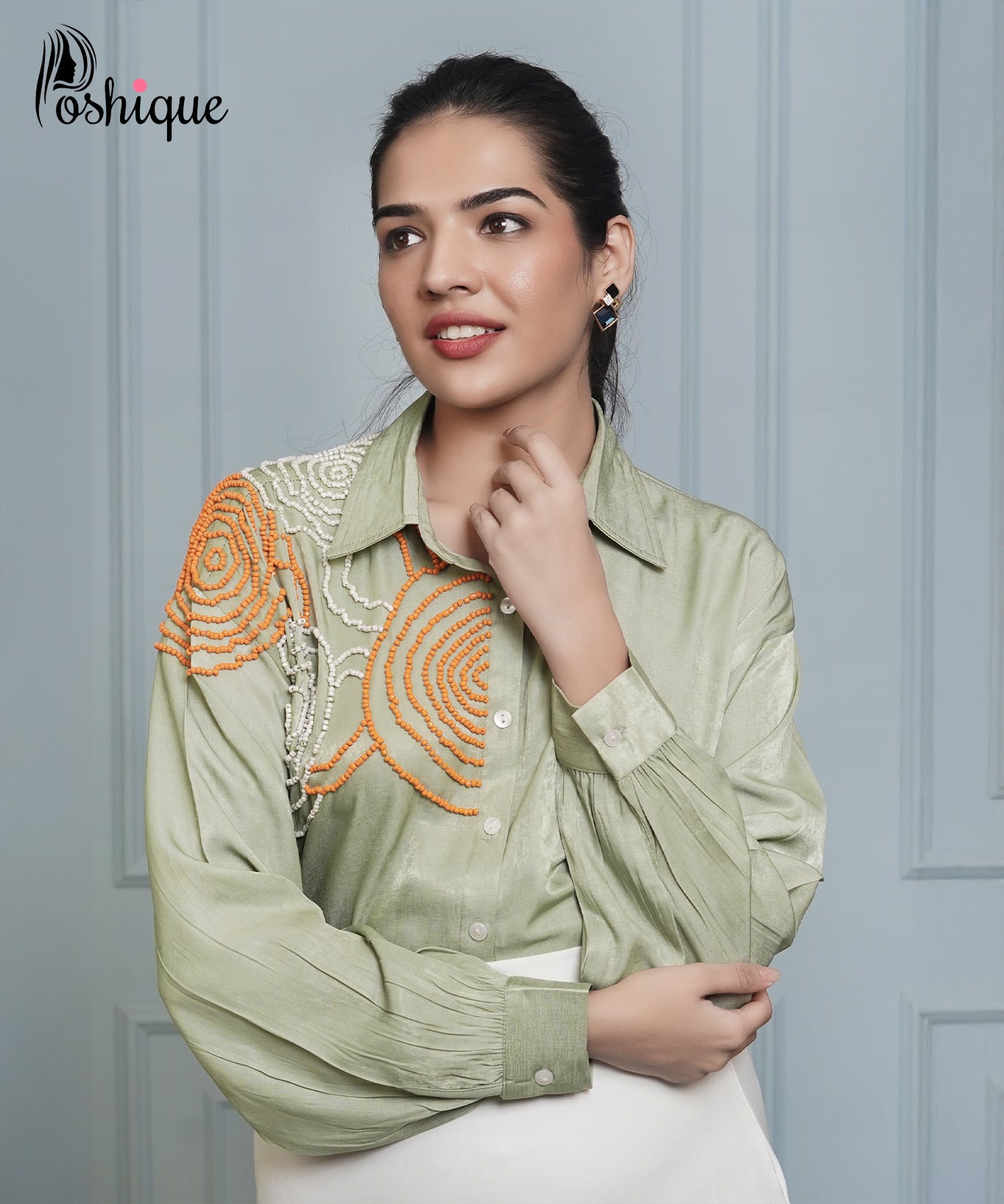 Poshique Pastel Green Embroidered Beaded Shirt